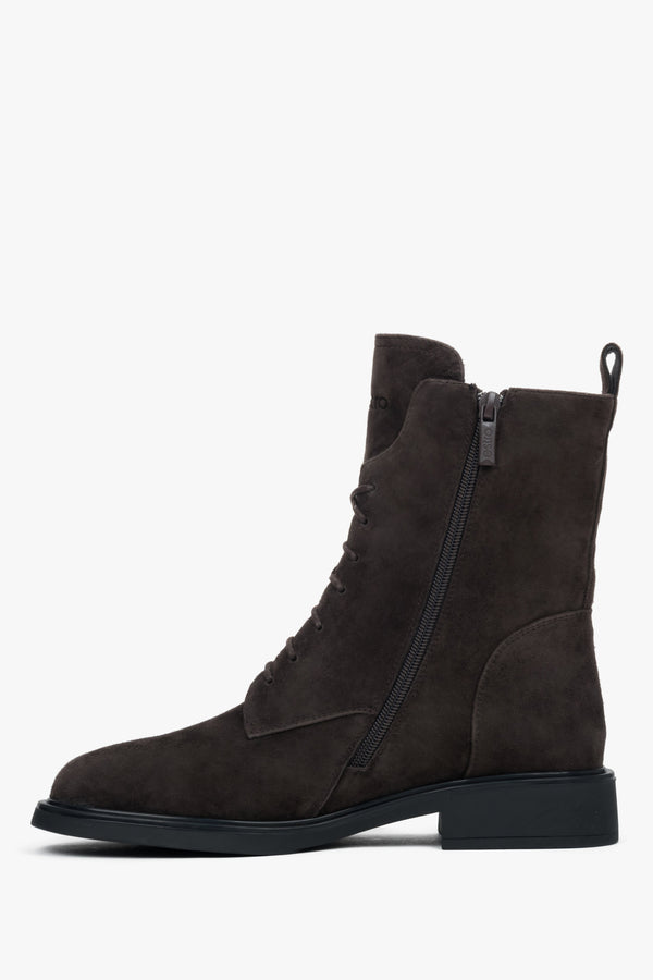 Women’s winter ankle boots, dark brown, velour, with fur lining, Estro.