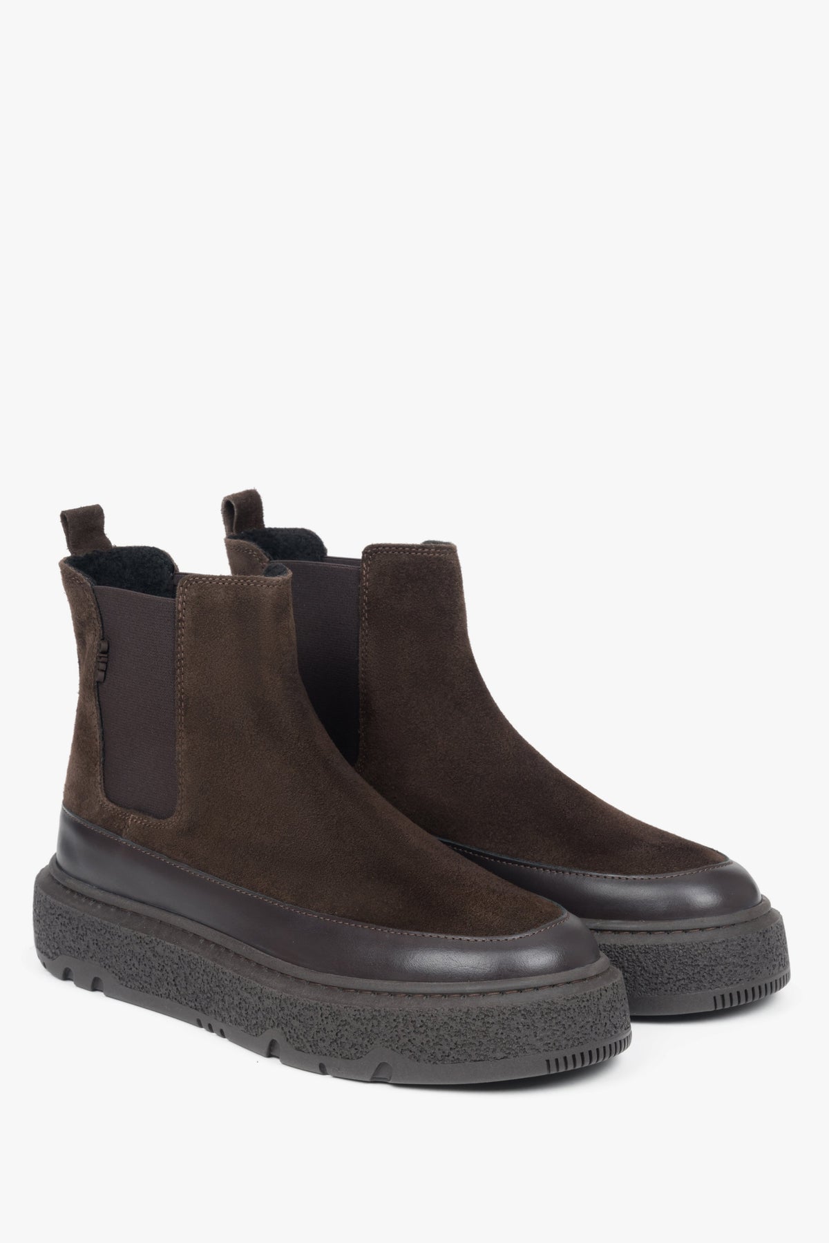 Dark brown women's Chelsea boots by Estro made of genuine velour with a warm flannel lining.