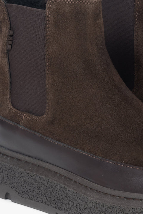 Dark brown women's velour Chelsea boots by Estro – close-up on details.