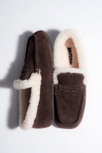 Women's Dark Brown Velour Winter Loafers with Fur Lining Estro ER00120635.