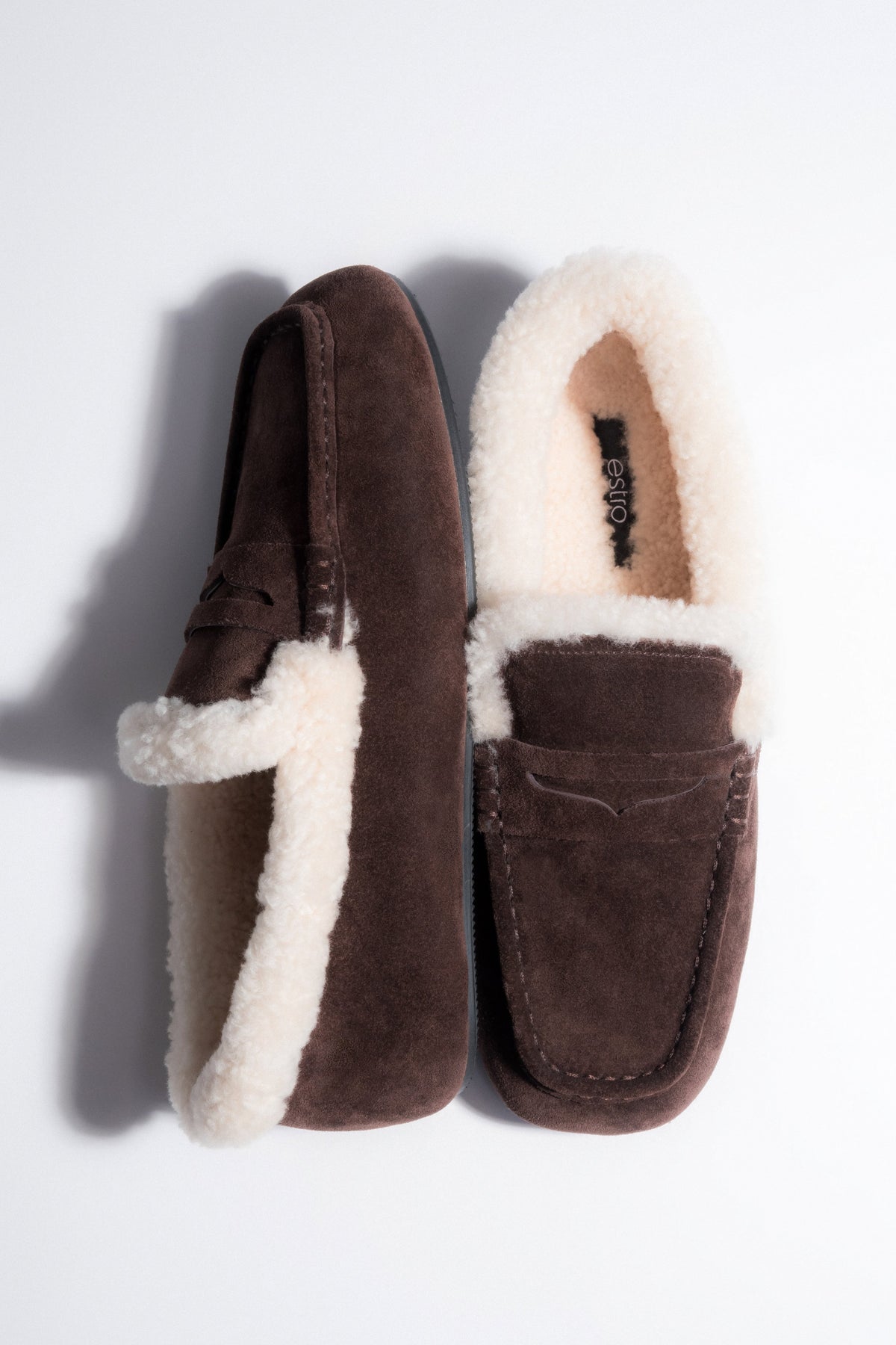 Women's Dark Brown Velour Winter Loafers with Fur Lining Estro ER00120635.