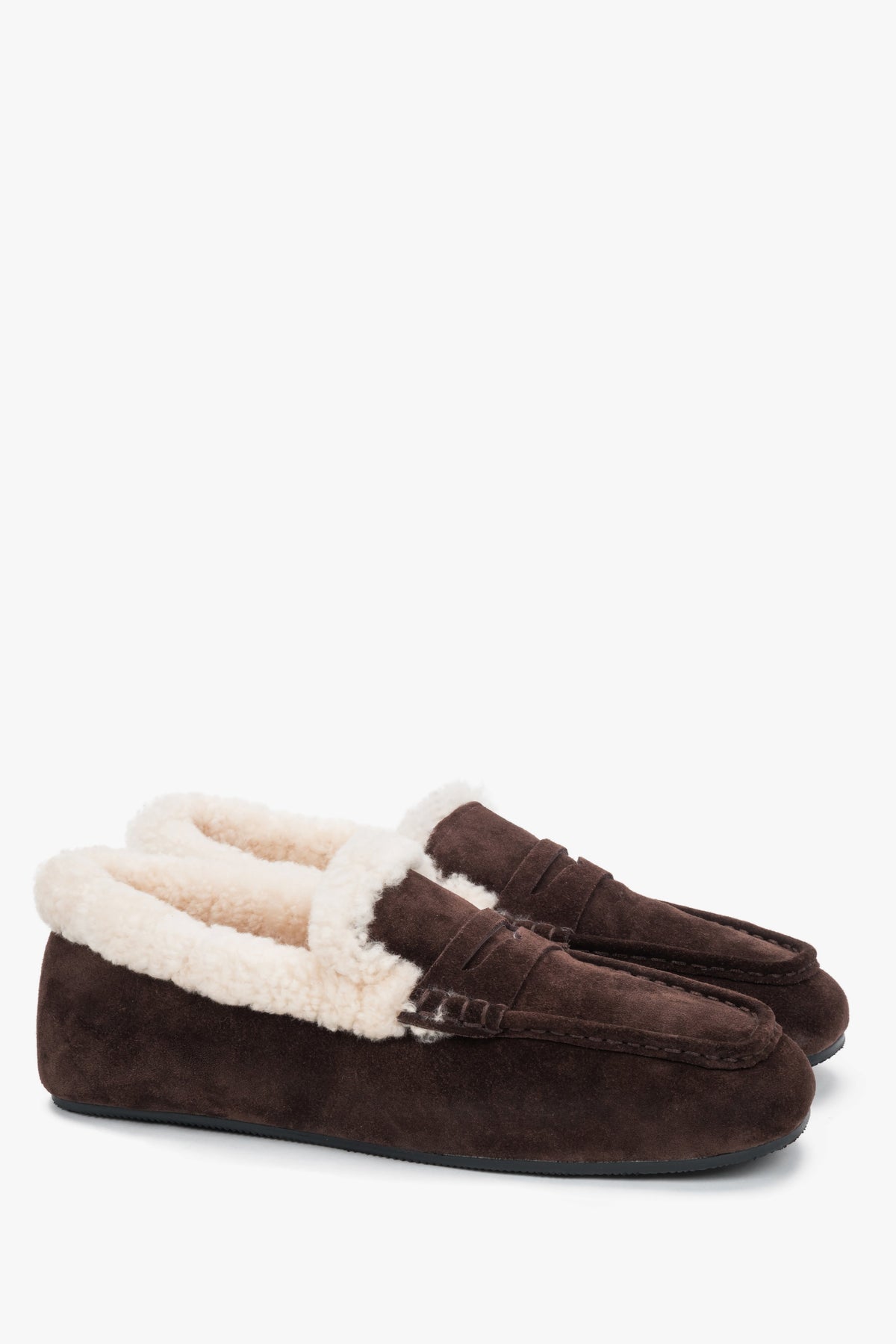 Women's dark brown genuine velour winter loafers with soft fur lining Estro.