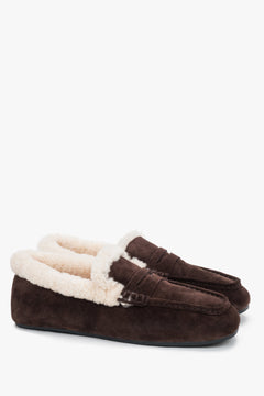 Women's dark brown genuine velour winter loafers with soft fur lining Estro.