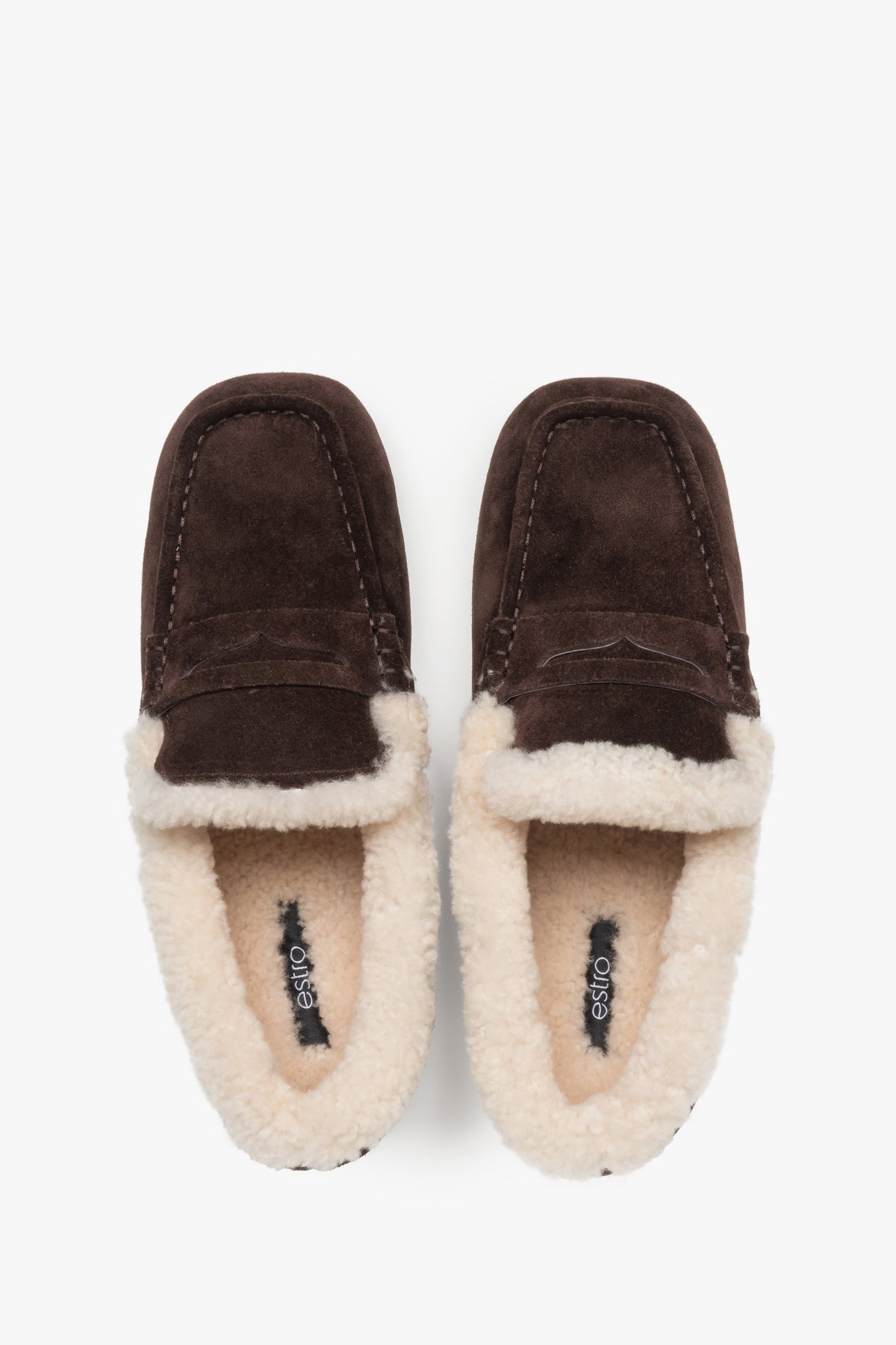 Women's winter loafers, dark brown, made of natural velour, with warm fur lining, Estro.