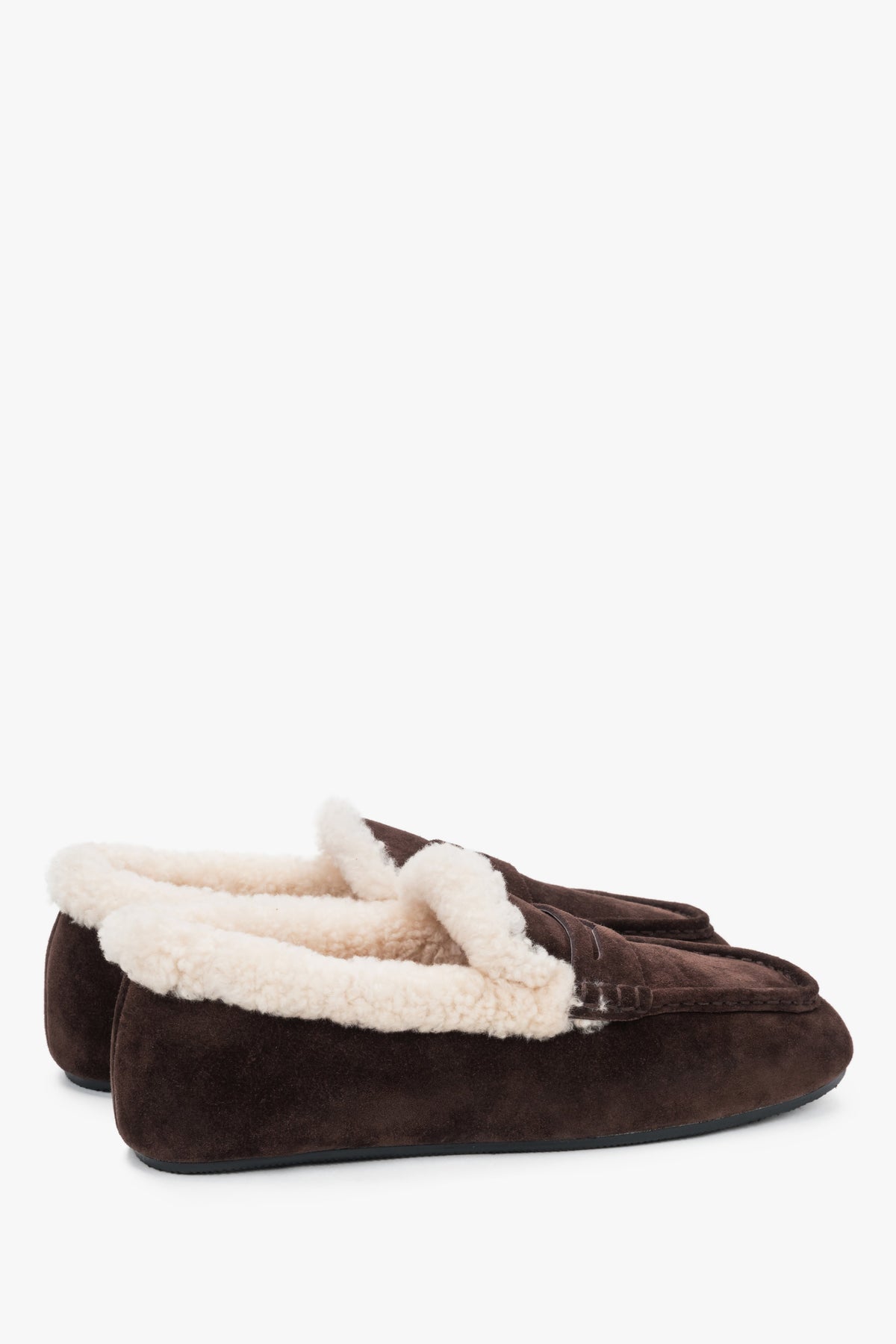 Made of natural velour, women's dark brown loafers with fur insulation Estro.