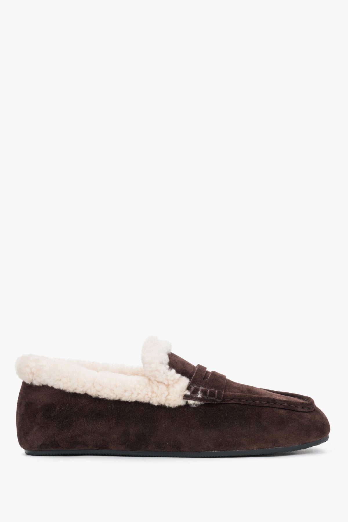 Women's dark brown genuine velour winter loafers with soft fur lining Estro.