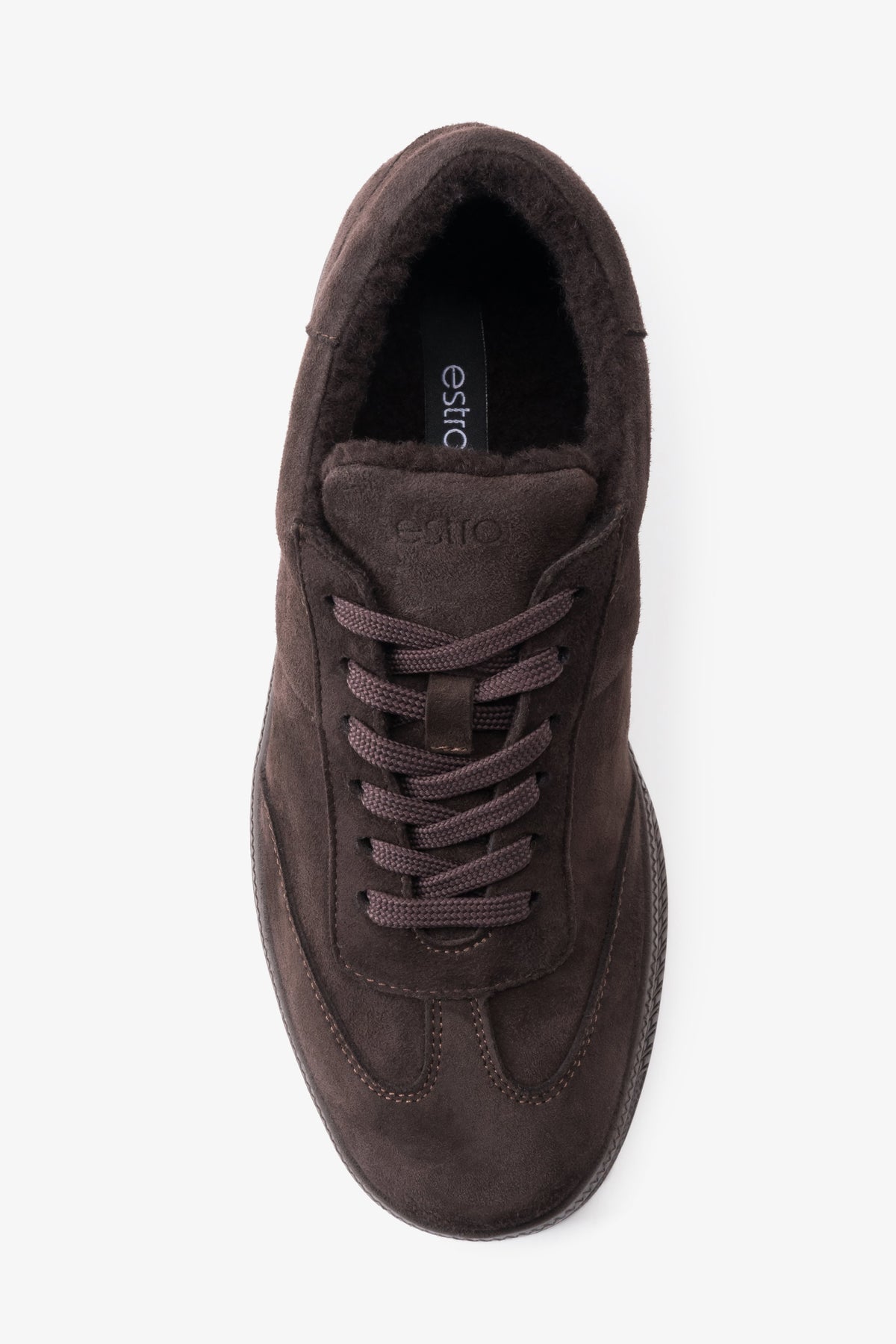Women's dark brown velour sneakers with a soft faux fur lining for winter by Estro.