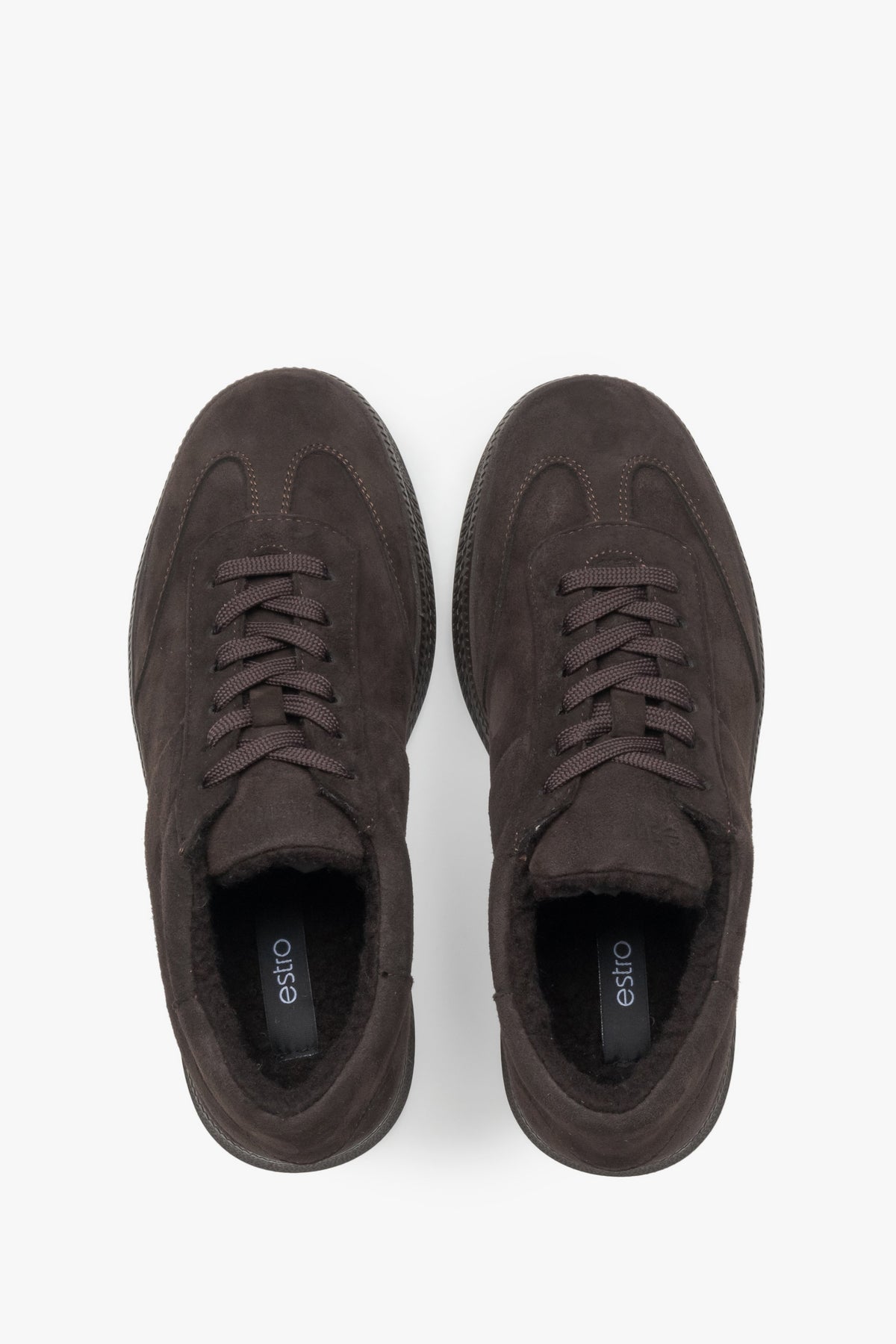 Warm dark brown women's velour sneakers with a faux fur lining by Estro.