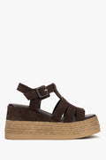 Women's Dark Brown Wedge Sandals with Jute Braided Trim made of Soft Genuine Velour Estro ER00119635.