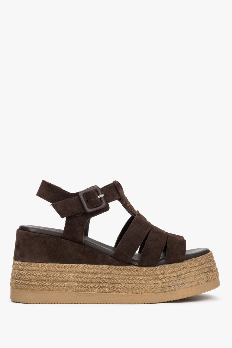 Women's Dark Brown Wedge Sandals with Jute Braided Trim made of Soft Genuine Velour Estro ER00119635.