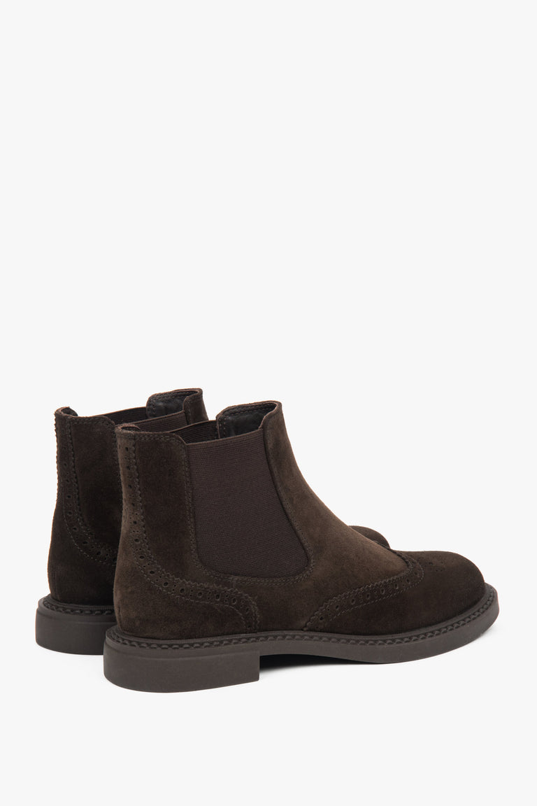 Dark brown velour women’s Chelsea boots with perforation.