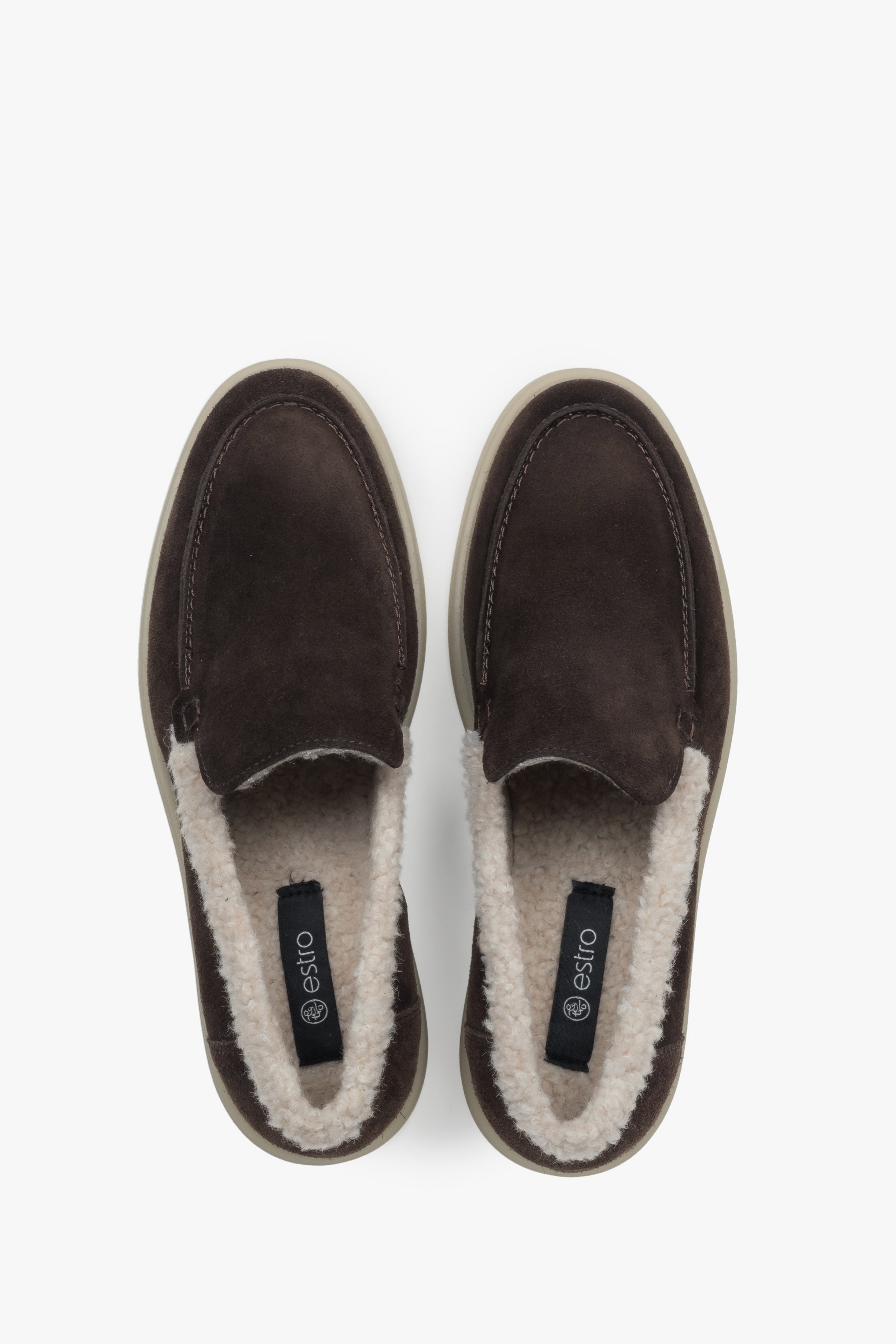 Women's Winter Loafers, Dark Brown, made of Genuine Velour with Fur Lining – Estro ER00118322.