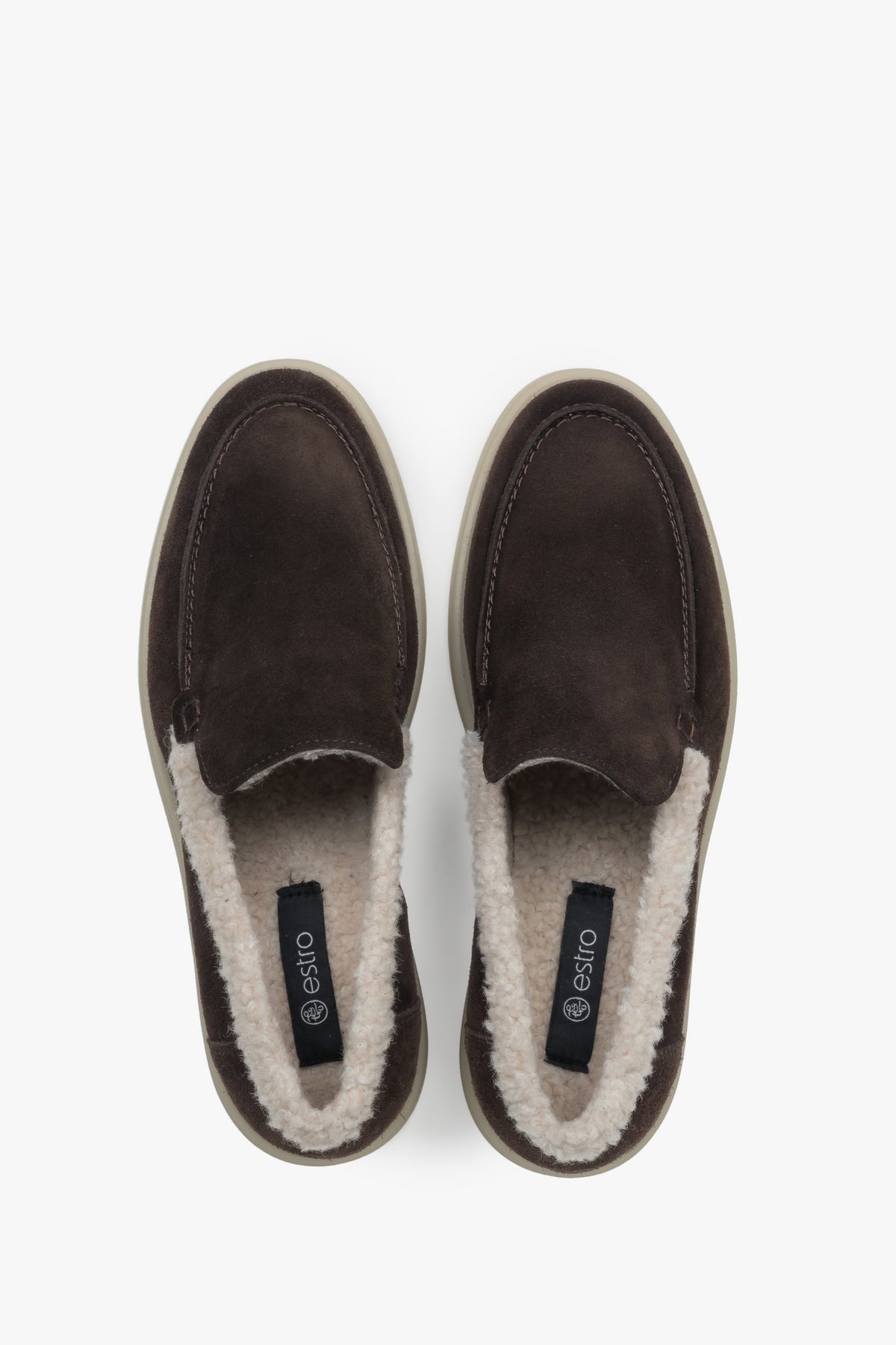 Women's Winter Loafers, Dark Brown, made of Genuine Velour with Fur Lining – Estro ER00118322.