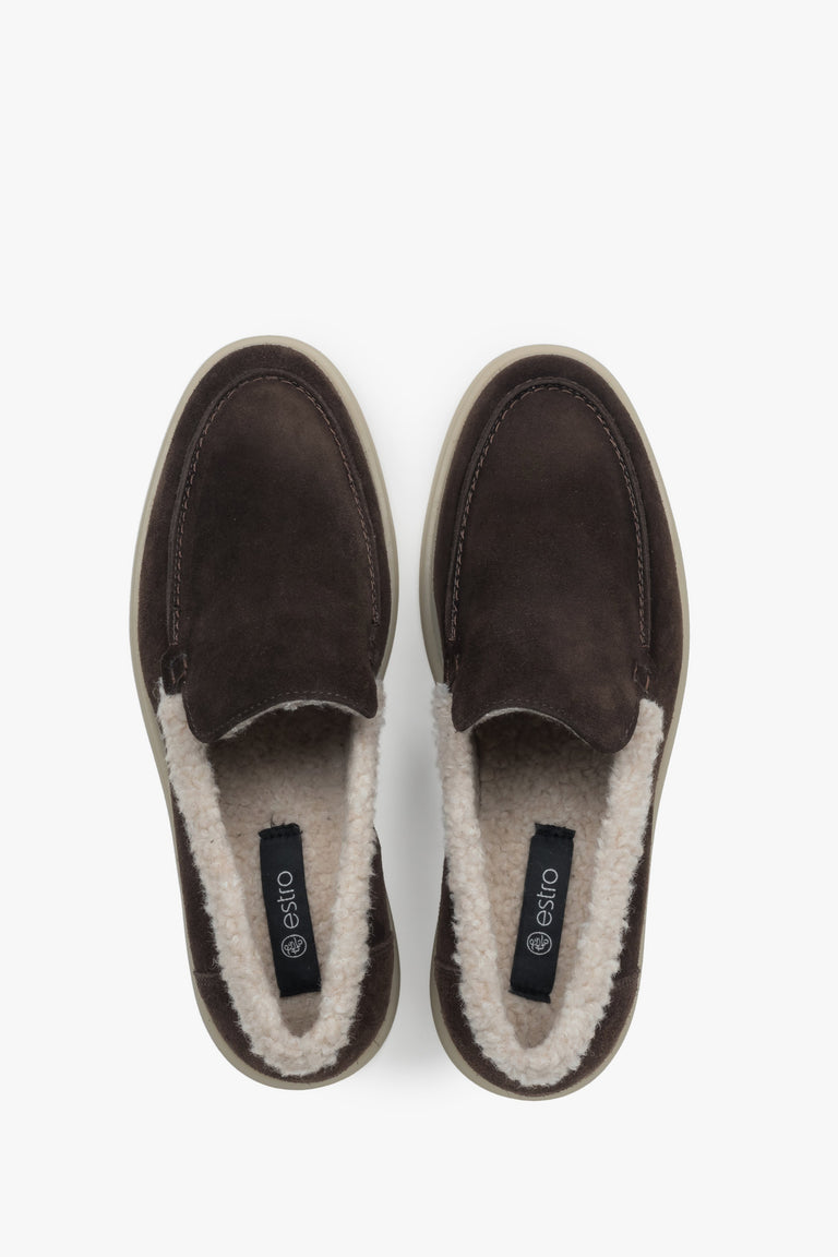 Women's Winter Loafers, Dark Brown, made of Genuine Velour with Fur Lining – Estro ER00118322.
