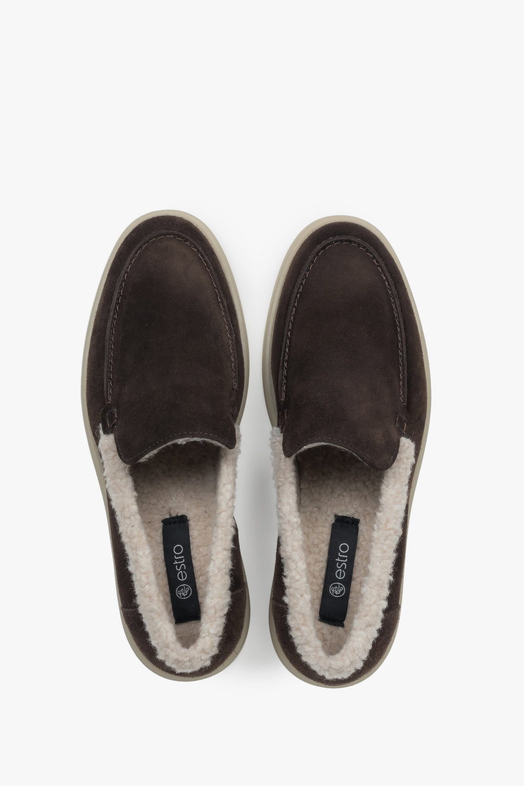 Women's Winter Loafers, Dark Brown, made of Genuine Velour with Fur Lining – Estro ER00118322.