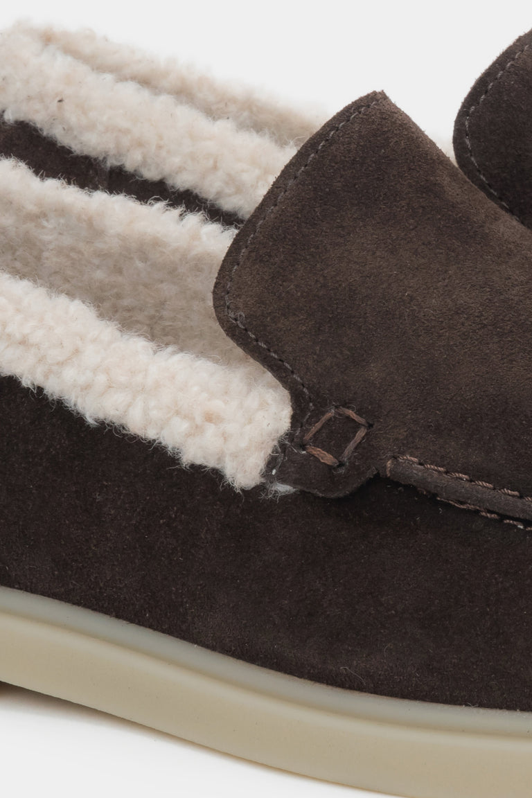 Dark Brown Women's Winter Loafers – Estro ER00118322, made of Genuine Velour with Fur Lining.