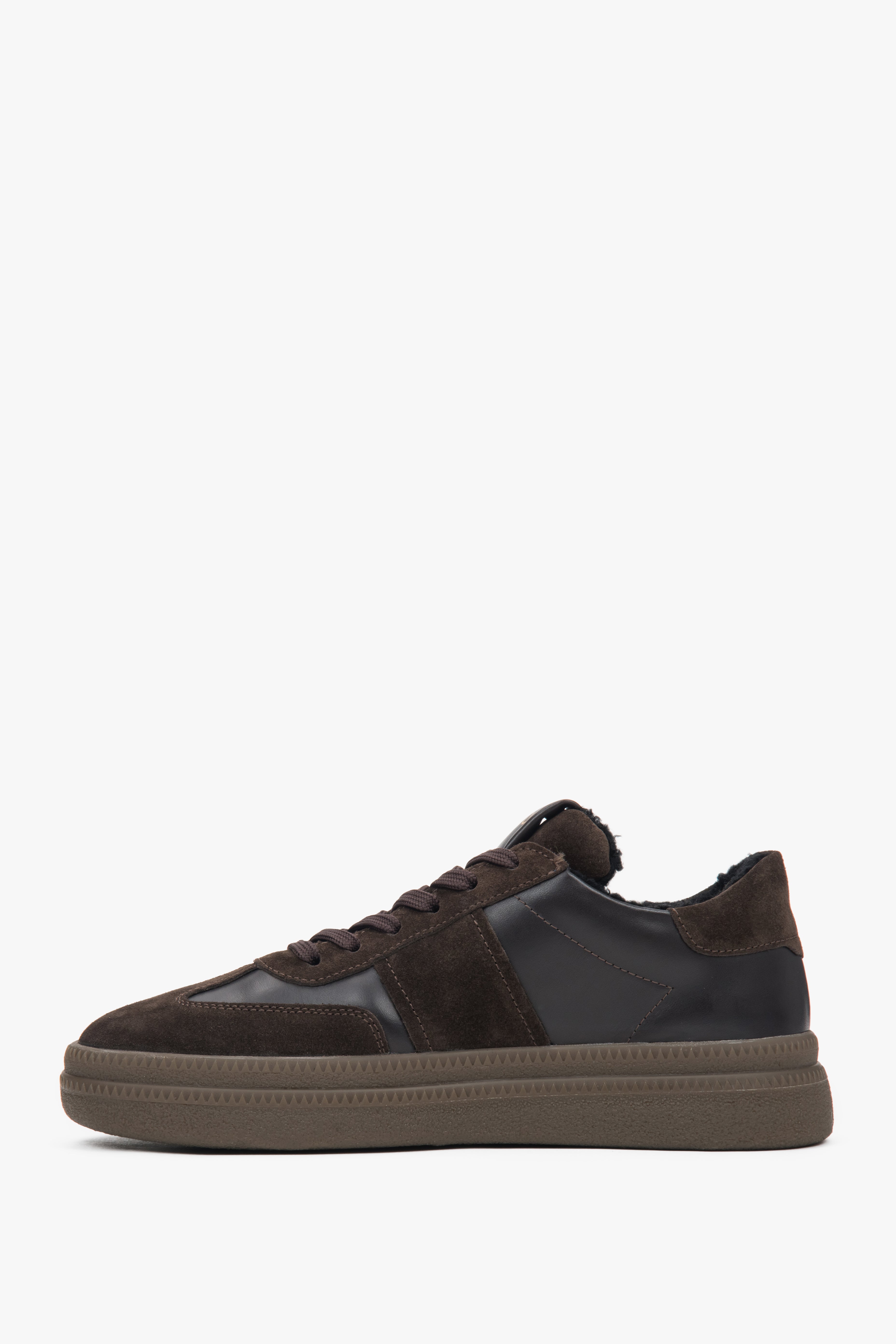 Side profile of dark brown winter low-top sneakers.
