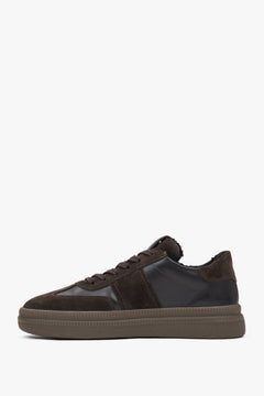 Side profile of dark brown winter low-top sneakers.
