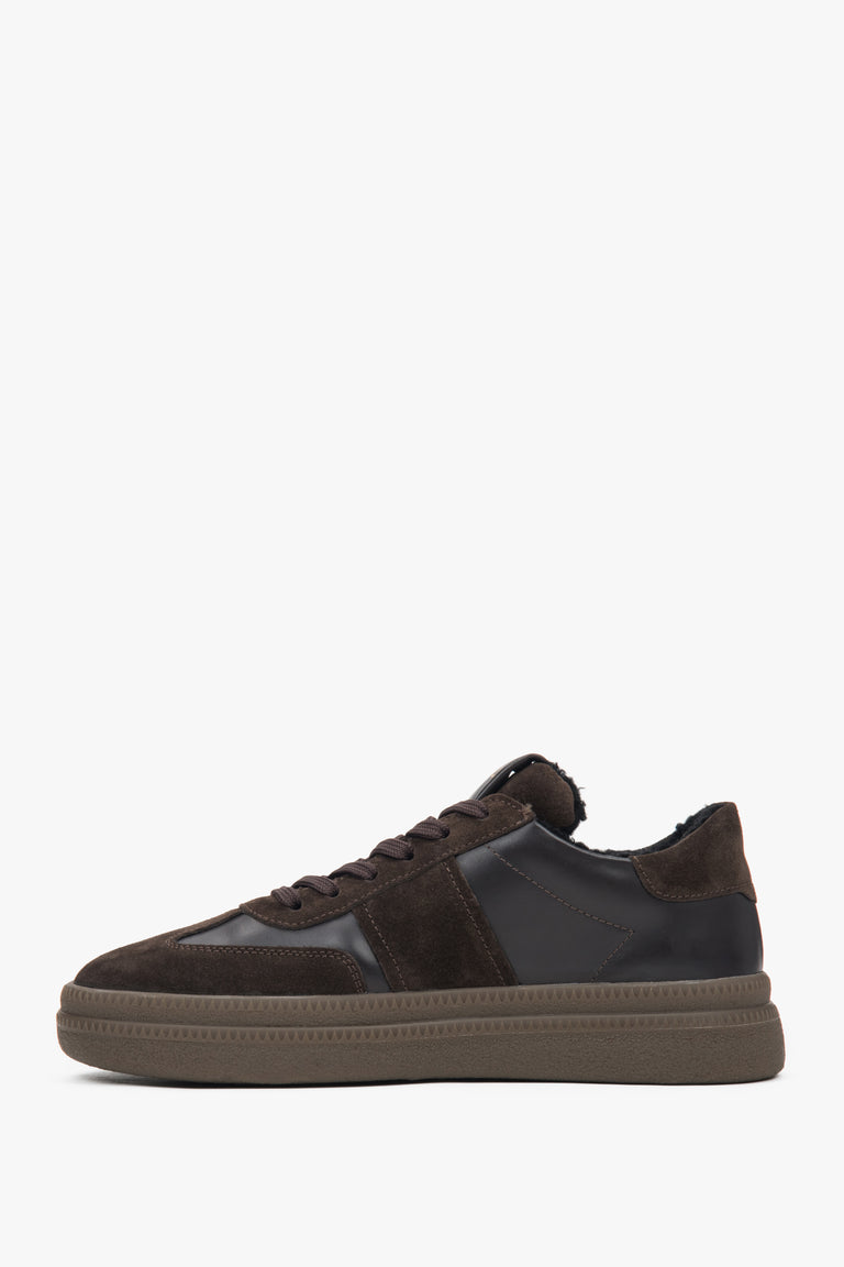 Side profile of dark brown winter low-top sneakers.
