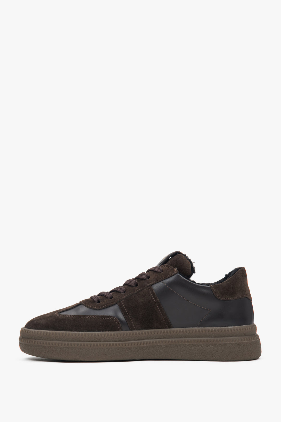 Side profile of dark brown winter low-top sneakers.
