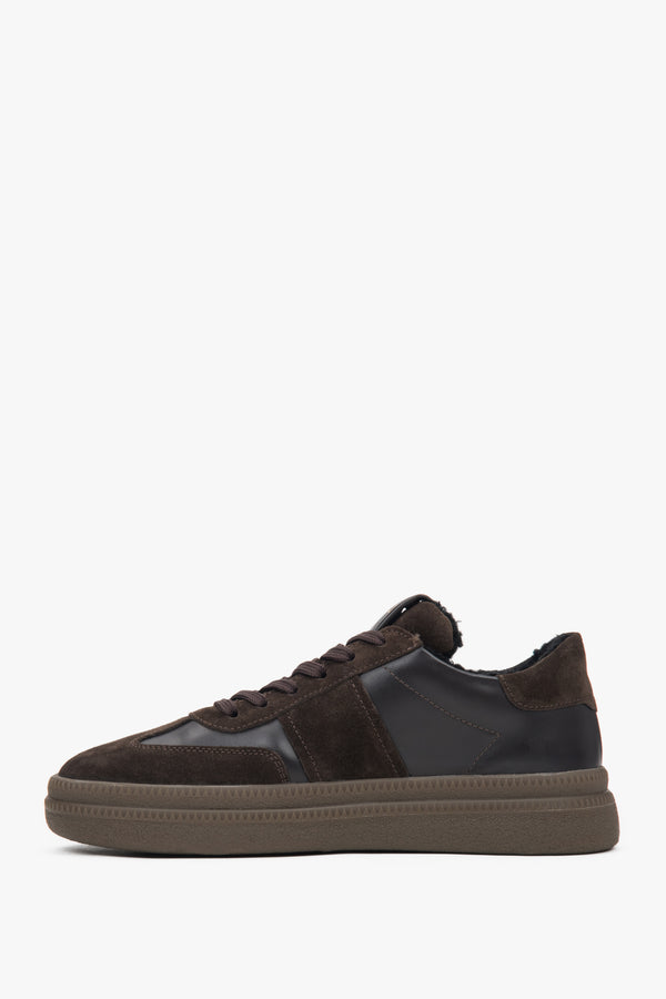 Side profile of dark brown winter low-top sneakers.
