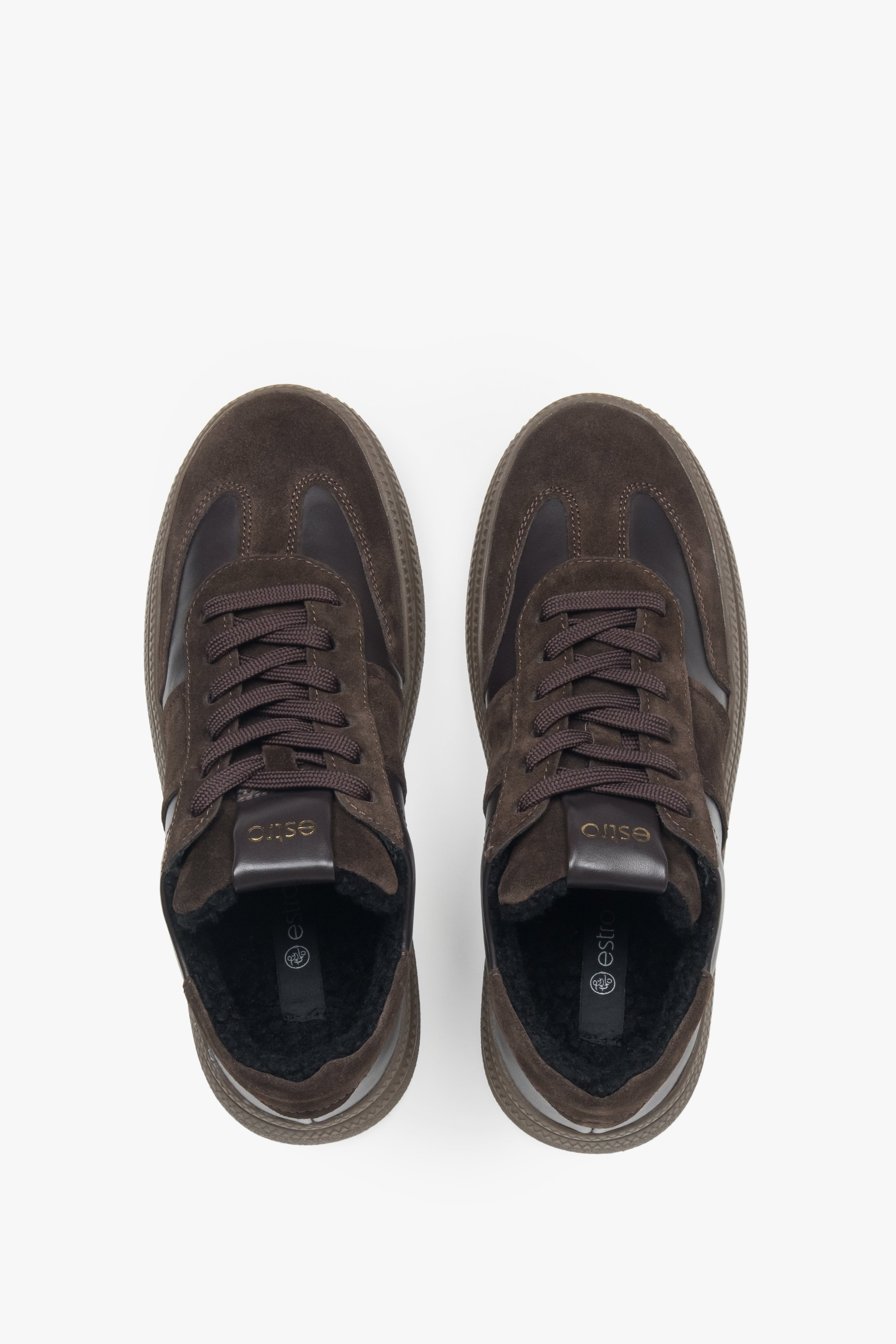 Rear view of dark brown winter sneakers by Estro.