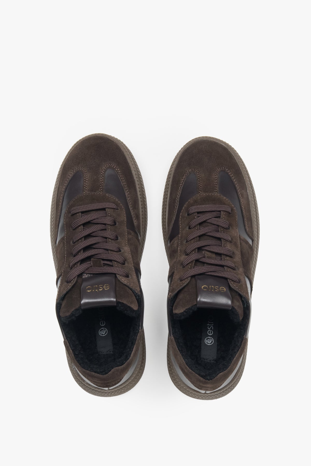 Rear view of dark brown winter sneakers by Estro.