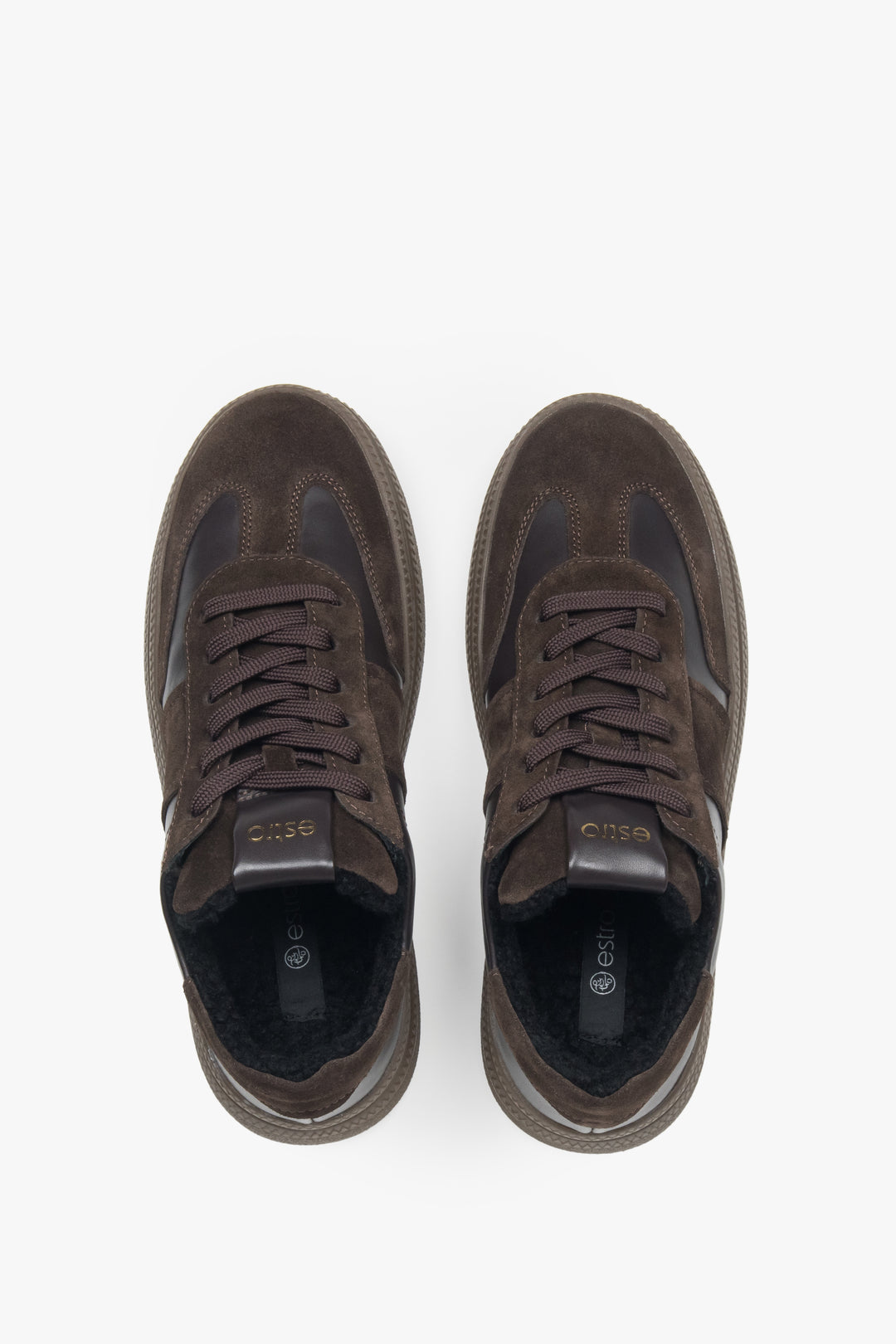 Rear view of dark brown winter sneakers by Estro.