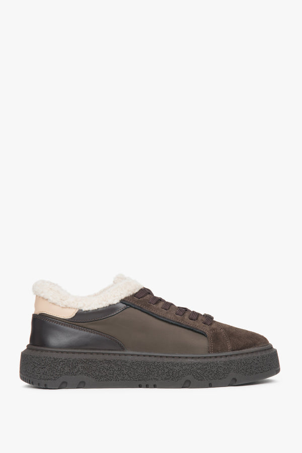 Women's Dark Brown Winter Sneakers Made of Italian Genuine Leather & Velour Estro ER00117957.