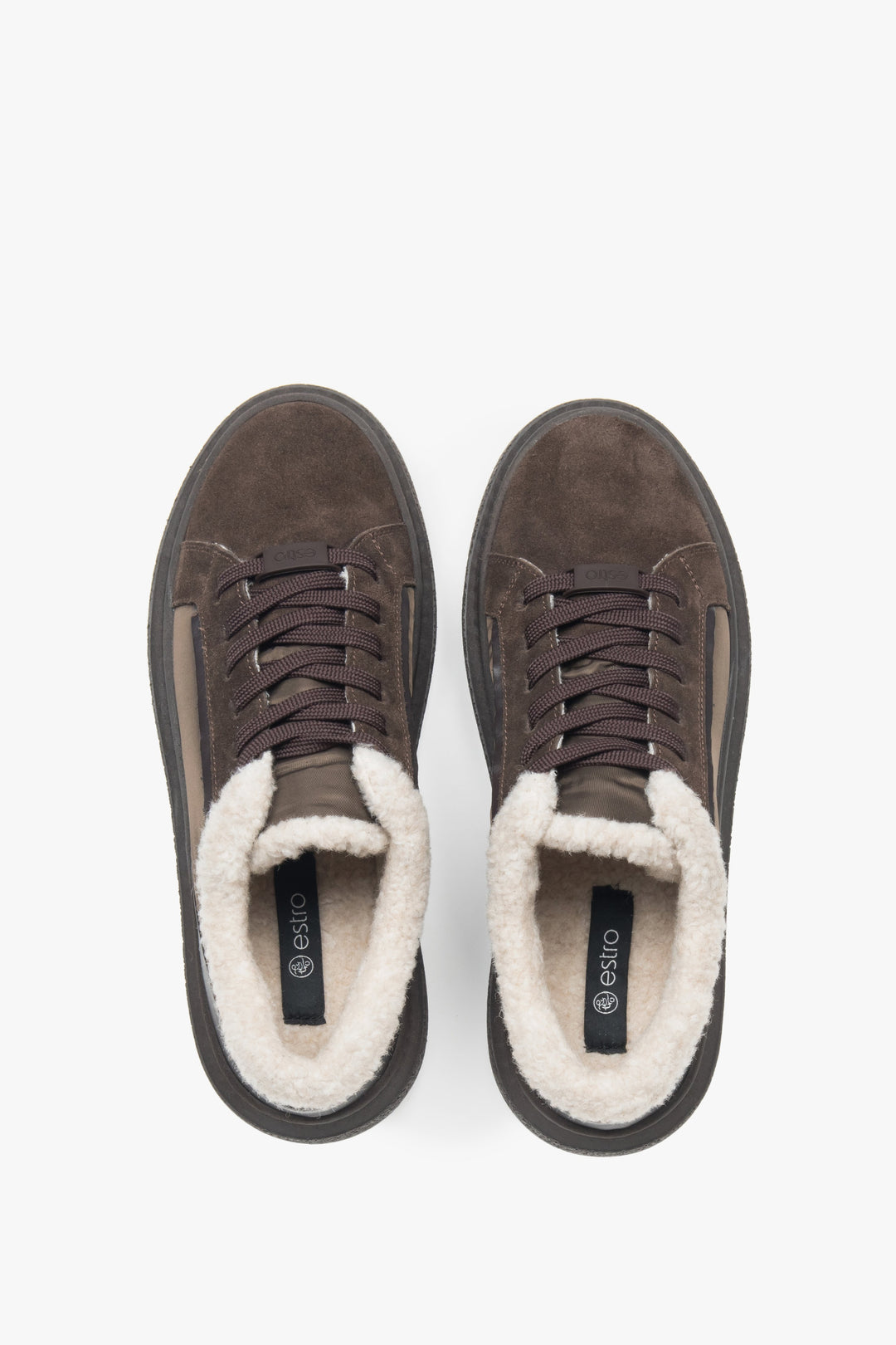 Dark brown women's sneakers by Estro, made of genuine velour.