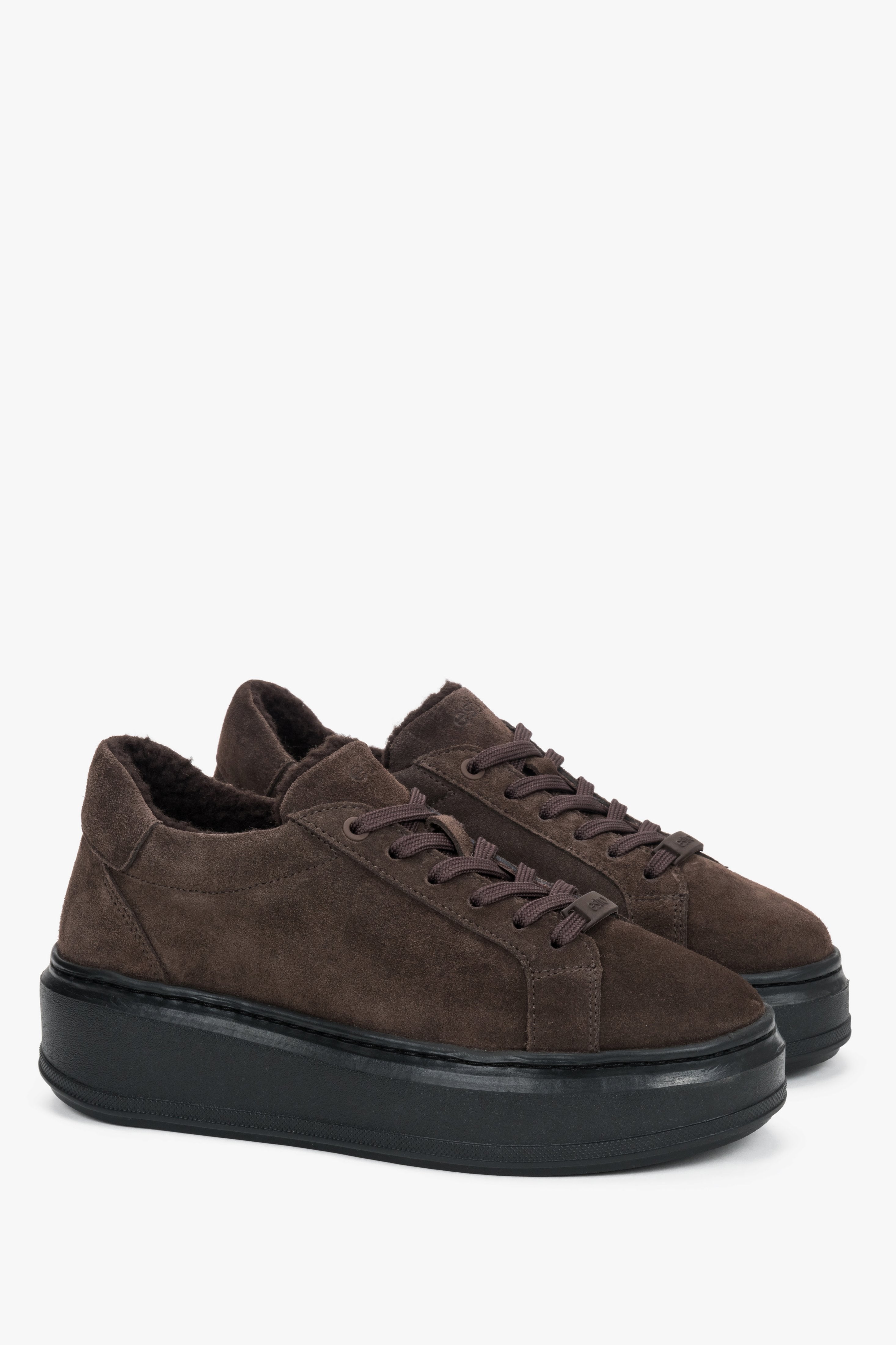 Estro - women's dark brown winter sneakers with fur lining in premium Italian genuine velour.