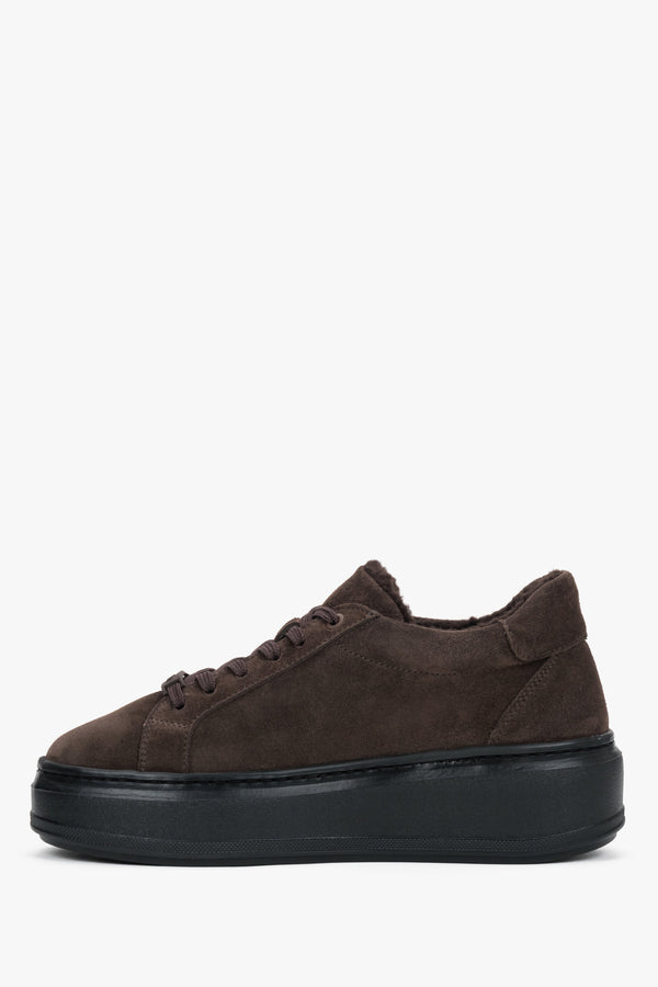 Women's dark brown Italian genuine velour winter sneakers with warm fur lining Estro.