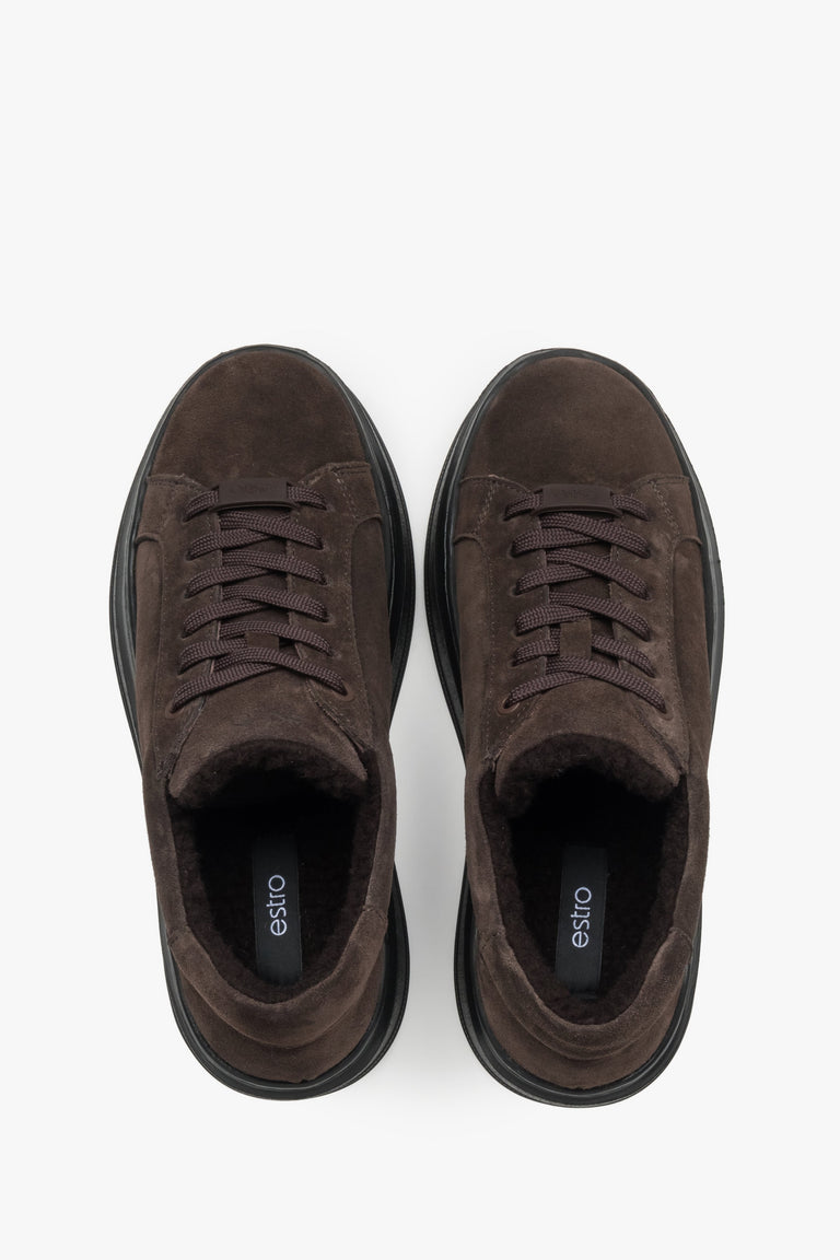 Dark brown premium Italian velour women's fur-lined winter sneakers, Estro.