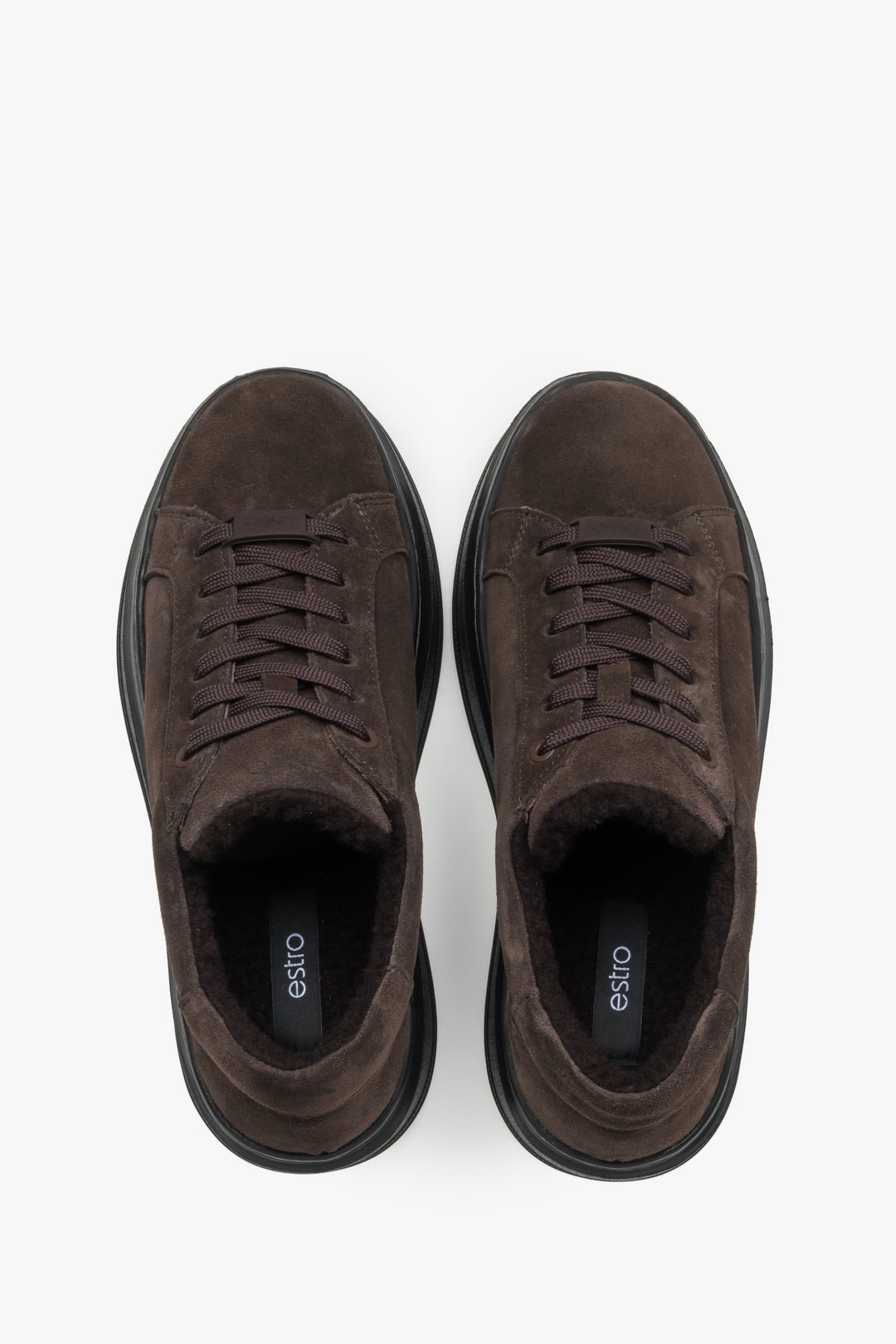 Dark brown premium Italian velour women's fur-lined winter sneakers, Estro.