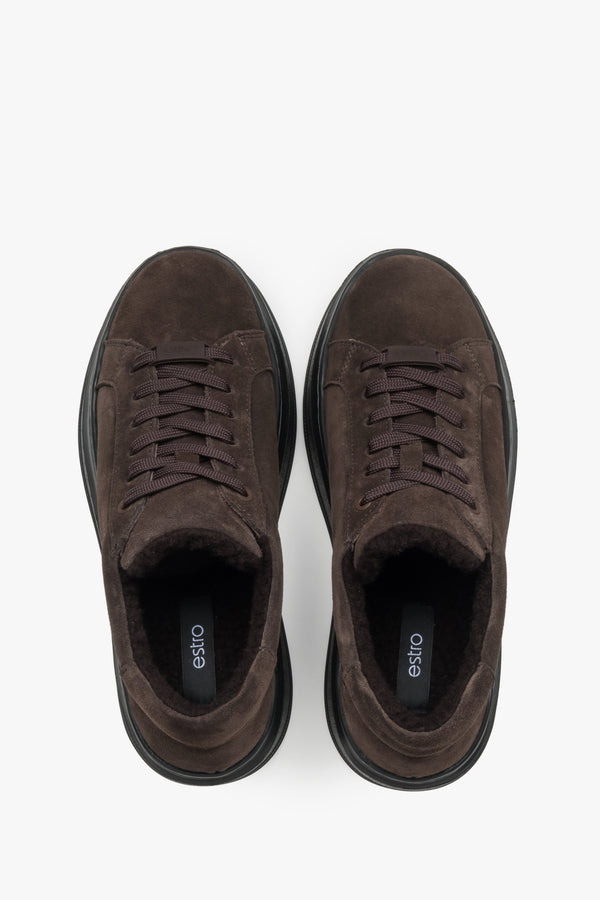 Dark brown premium Italian velour women's fur-lined winter sneakers, Estro.