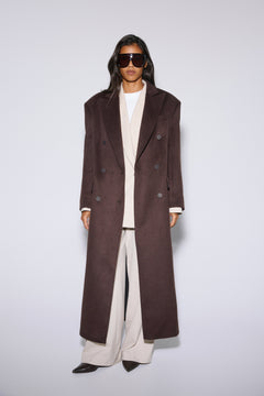 Dark brown wool-cashmere blend women's coat with structured broad shoulders, Estro.