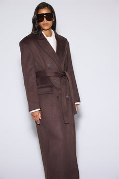 Women's dark brown wool and cashmere coat Estro - front view showing the tailored silhouette and broad shoulder line.