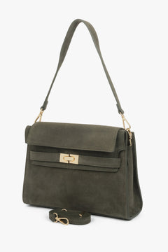 Women’s dark green shoulder bag made of Premium Italian genuine velour, Estro.
