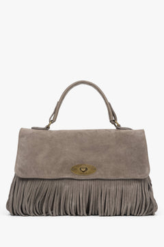 Women's Dark Grey Handbag made of Italian Genuine Velour with Fringes Estro ER00118148.