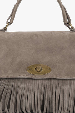Women's handbag, dark gray, handy, with fringes, made of genuine Italian velour, Estro ER00118148.