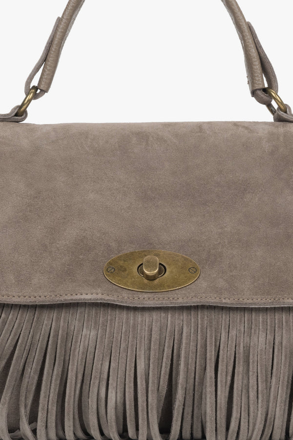 Women's handbag, dark gray, handy, with fringes, made of genuine Italian velour, Estro ER00118148.