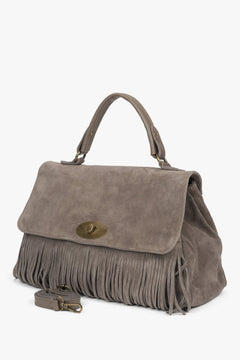Dark Gray Women's Handbag with Fringes, Handy, Made of Genuine Italian Velour, Estro ER00118148.