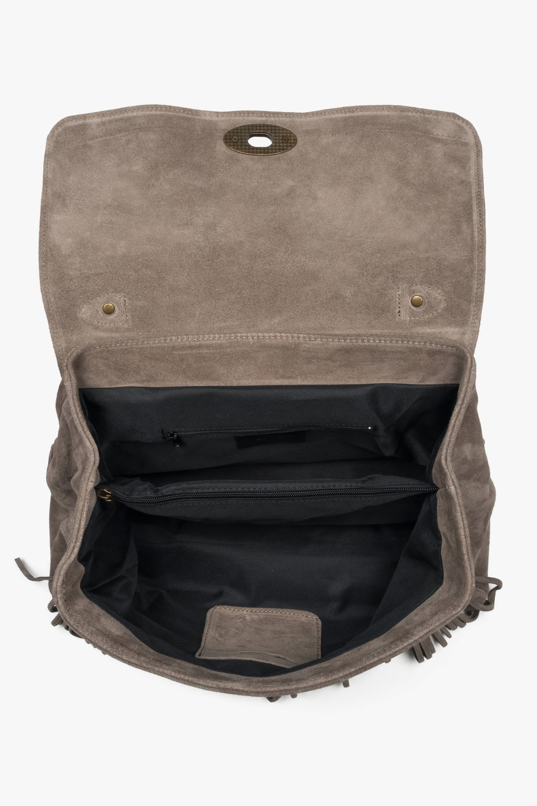 Made of Genuine Italian Velour, Dark Gray, Handy Women's Handbag with Fringes, Estro ER00118148.