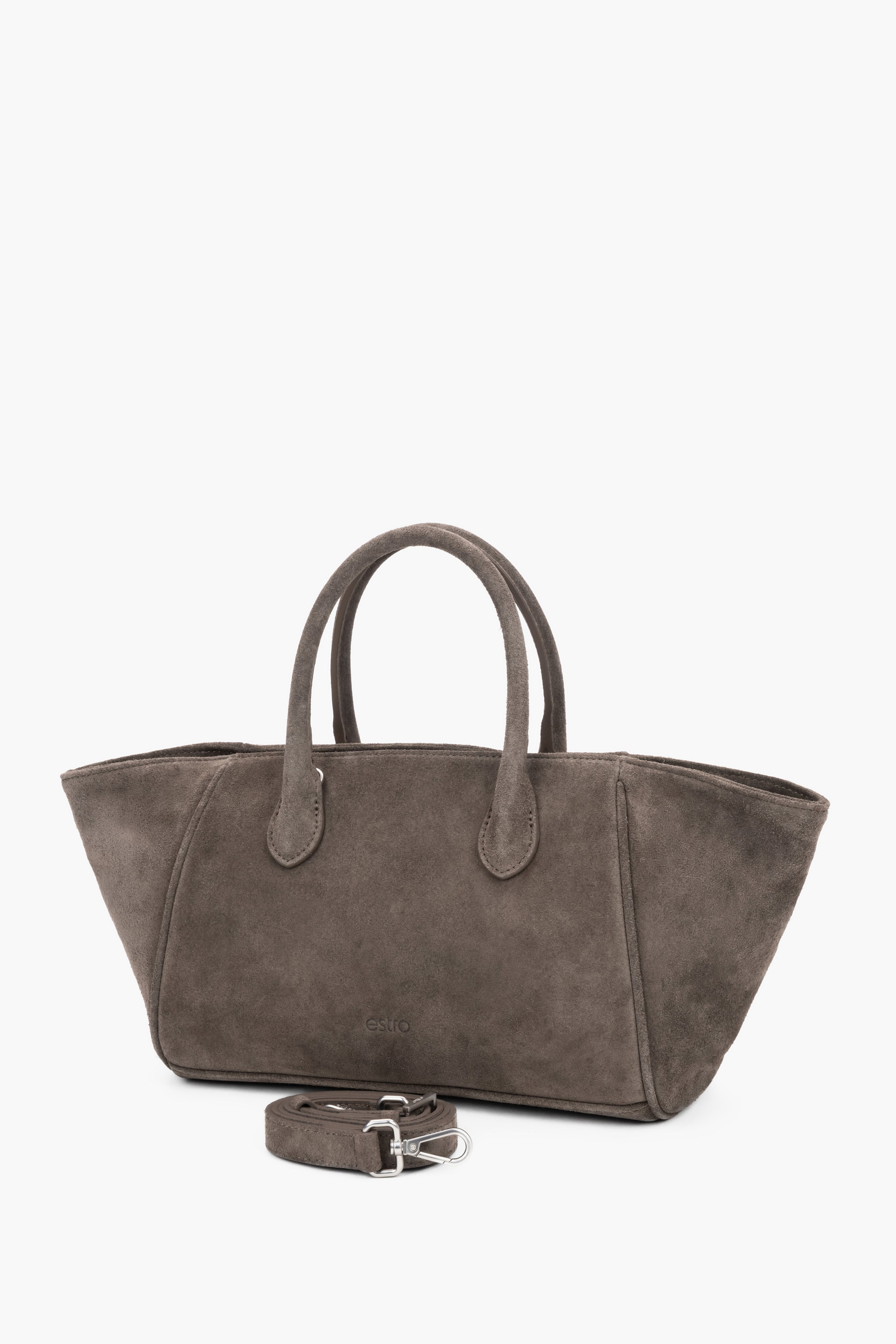 Women’s dark grey velour tote bag by Estro with a distinctive elongated shape, featuring short handles and a matte suede-like leather texture.