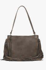 Women's Dark Grey Velour Shoulder Bag with Long Fringes Estro ER00119891.
