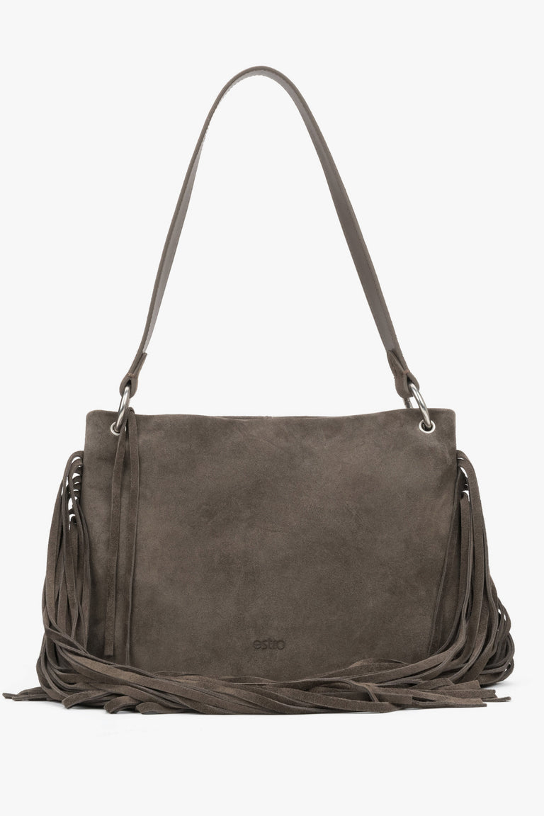 Women's Dark Grey Velour Shoulder Bag with Long Fringes Estro ER00119891.