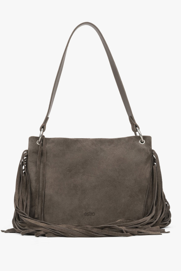 Women's Dark Grey Velour Shoulder Bag with Long Fringes Estro ER00119891.