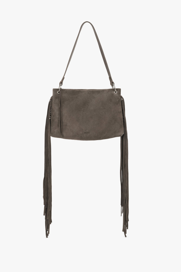 Women's dark grey Estro shoulder bag made of natural velour, featuring a smooth front design and long, dense fringes decorating the sides of the model.