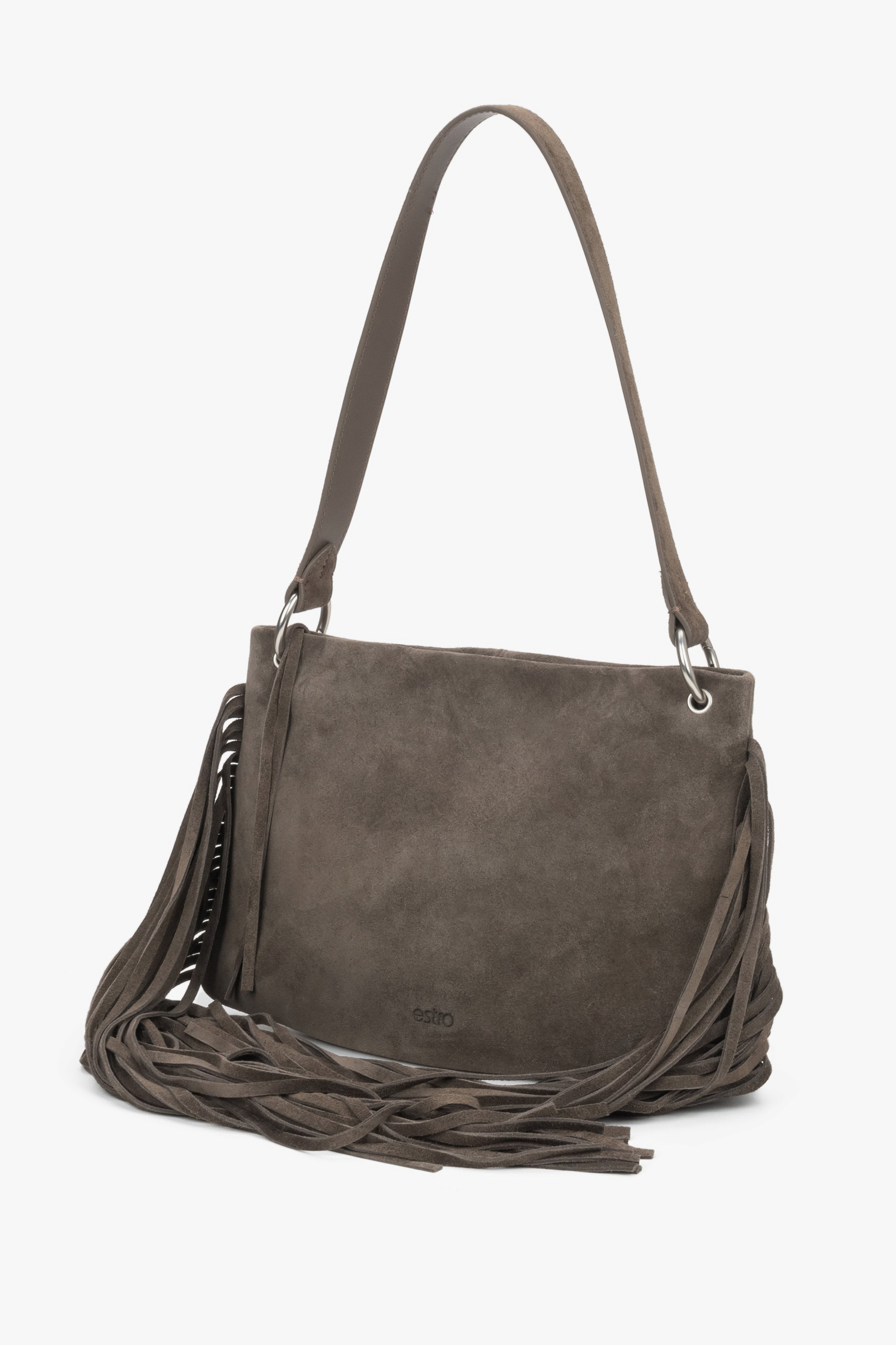 A profile shot of the bag highlighting its optimal depth of 13 cm, a comfortable shoulder strap, and silver metal hardware.