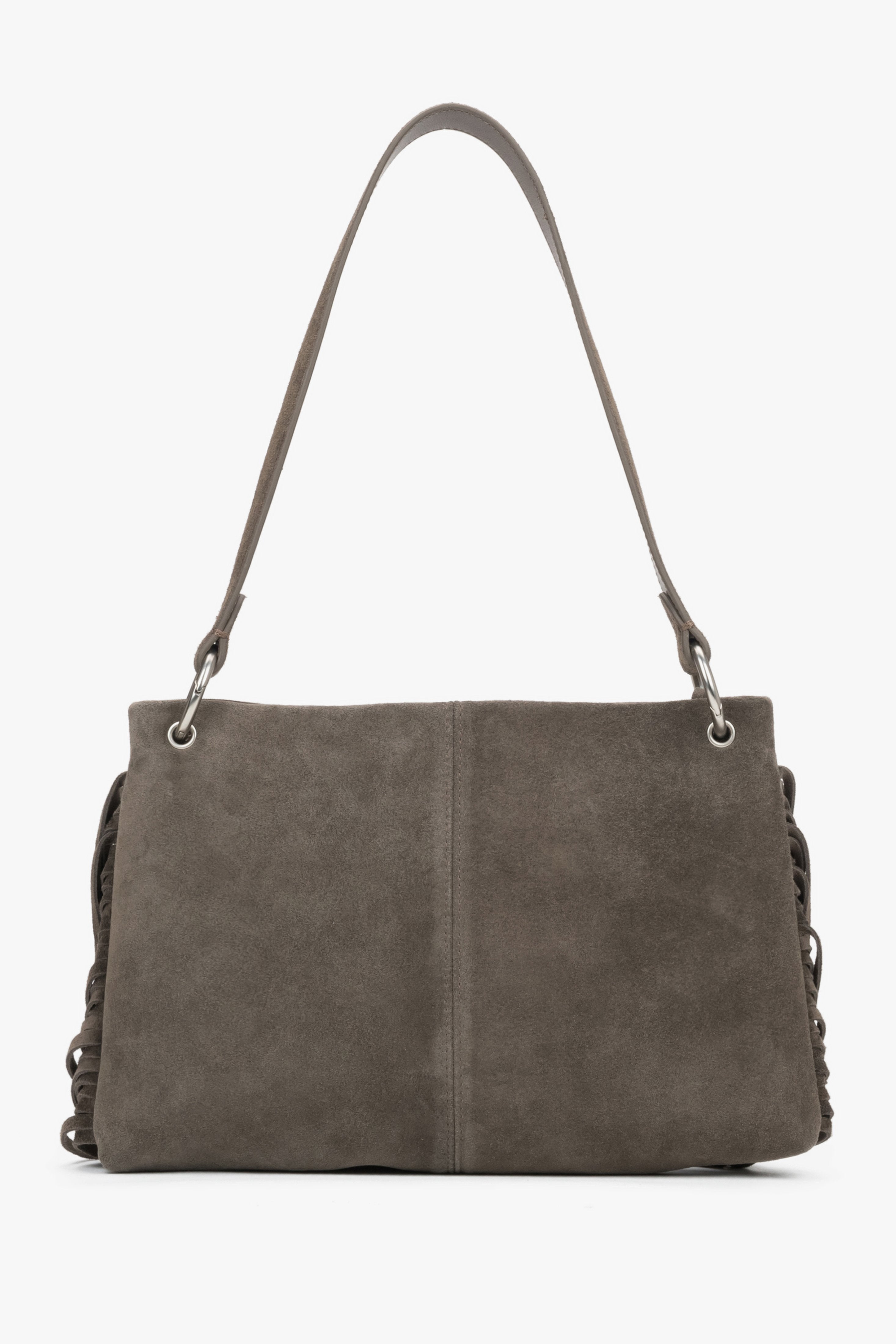 The back of the bag displaying precise, vertical stitching down the center and the matte, luxurious texture of the dark grey suede material.